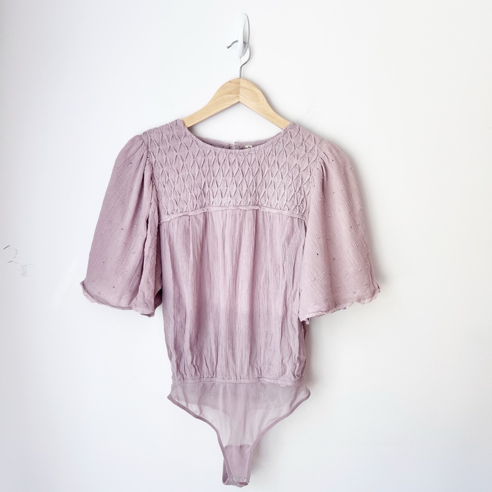 Free People Perfect Catch Lavender Bodysuit Open Back Bell Sleeve Boho‎ Smocked